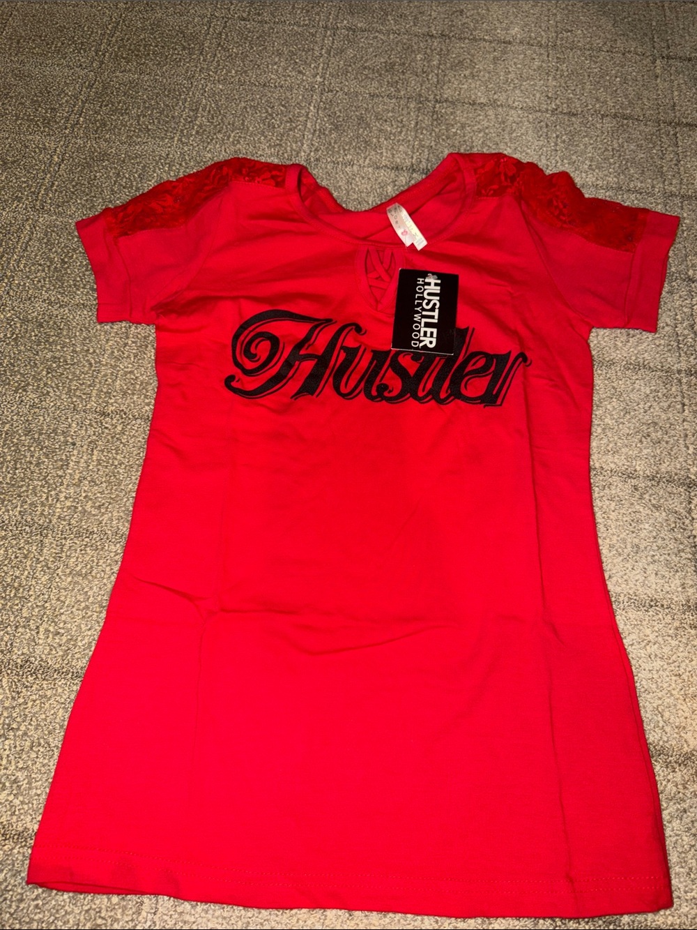 Hustler Hollywood Red Lace-Shoulder Logo Tee
